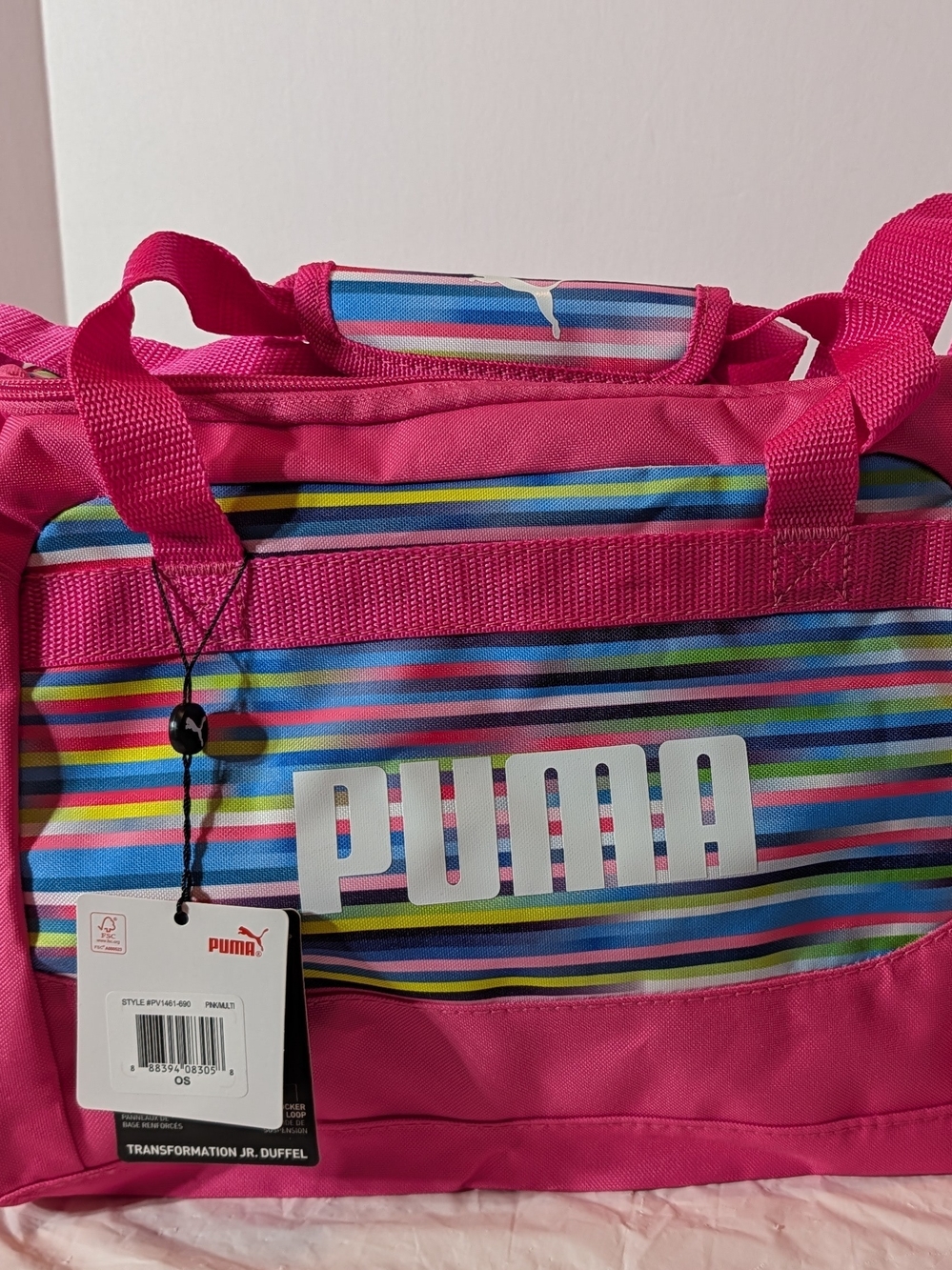 PUMA Pink Striped NWT Transformation Junior Duffel Bag w/Adjustable Strap